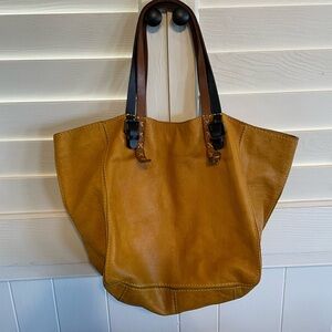 Anthropologie Mustard Yellow Leather Tote with Contrast Straps